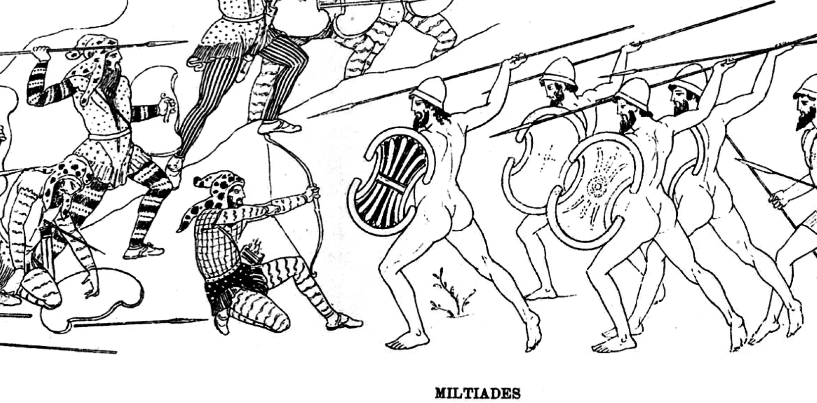Praca autorstwa Carla Roberta pod tytułem „Miltiades walczący z Persami w czasie bitwy pod Maratonem”. Na ilustracji widoczne są dwie grupy żołnierzy – broniących się persów oraz atakujących, nagich greckich hoplitów. Persowie bronią się przed grekami za pomocą włóczni oraz łuków. Hoplici greccy atakują za pomocą włóczni i chronią się przed wrogimi strzałami za pomocą tarcz.