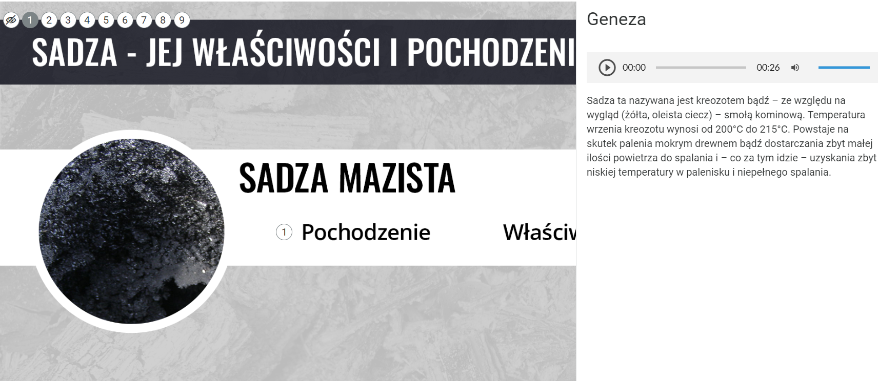 Grafika ilustruje przykładowy widok opisu zamieszczonego w panelu bocznym, który wyświetla się po kliknięciu znacznika. Nad opisem znajduje się tytuł i pasek odtwarzania audio.