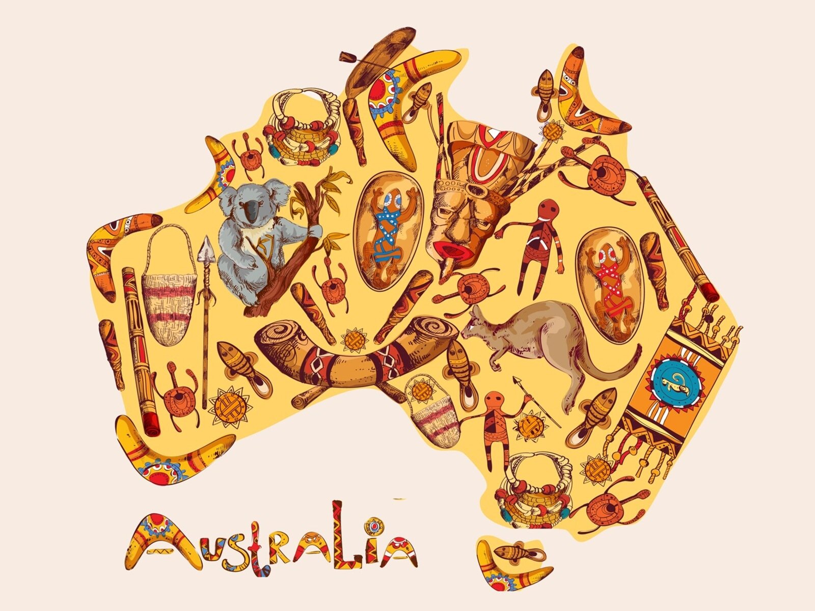 Grafika przedstawia kontury Australii, w który wpisano różne grafiki przedstawiające elementy charakterystyczne dla kraju. Na żółtym tle widoczne są: bumerangi, żółwie morskie, koala, drewniane plemienne maski i tarcze, kangur, ryby, sakwy, instrumenty, koralowce oraz kilka postaci z dzidami. Wszystkie rysunki są stylizowane. Dominują kolory: beżowy, brązowy, żółty oraz czerwone i niebieskie detale. Poniżej, po lewej stronie, widoczny jest stylizowany napis: Australia.