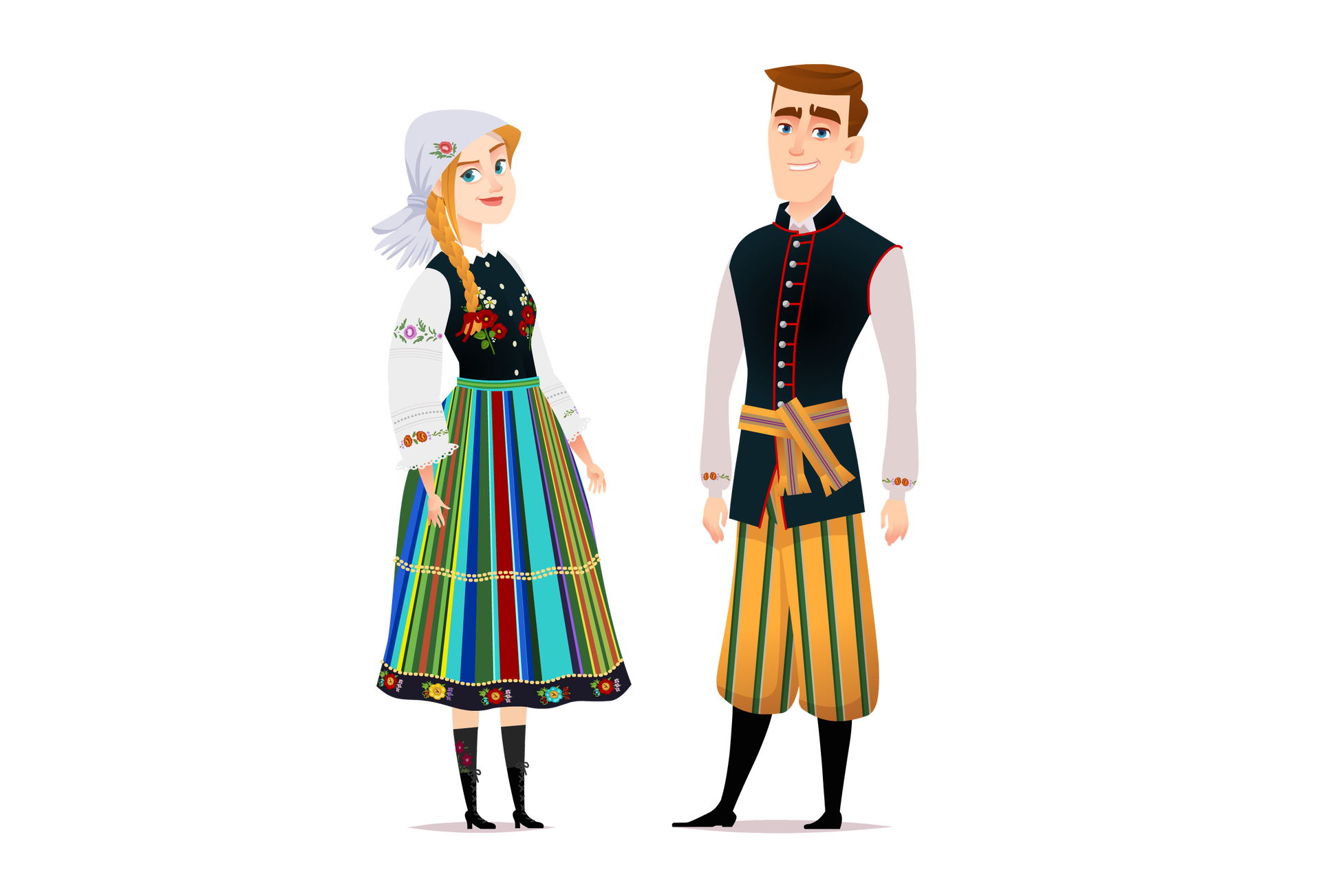 Ilustracja przedstawia kobietę i mężczyznę na białym tle. Kobieta, stojąca z lewej strony, ma na sobie białą koszulę w kwieciste wzory z koronkowymi zdobieniami przy rękawach; szeroką, sięgającą poniżej kolan kolorową spódnicę w pionowe pasy, oraz czarny gorset w drobne kwiaty. Kobieta ubrana jest w białą chustę z czerwonym kwiatkiem i czarne buty z wysokimi cholewkami. Jej jasne włosy związane są w warkocz. Mężczyzna, stojący z prawej strony, ma na sobie beżową koszulę sięgającą do bioder; czarną kamizelkę z czerwonymi detalami, przewiązany w pasie; szerokie, żółte spodnie w zielone, pionowe pasy, oraz czarne buty z wysokimi cholewkami. Para jest uśmiechnięta. 