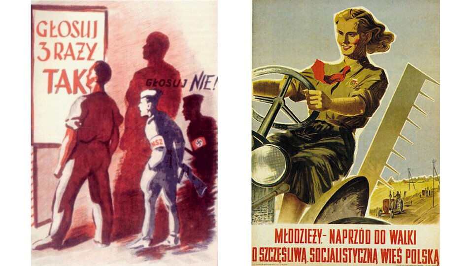 Dwa plakaty propagandowe z czasów PRL. Po lewej: scena głosowania z napisem 'Głosuj 3 razy TAK'; mężczyzna z napisem 'NSZ' (Narodowe Siły Zbrojne) i sylwetką z opaską ze swastyką są przedstawieni jako cienie z napisem 'Głosuj NIE!'. Po prawej: młoda kobieta w mundurze z czerwoną chustą prowadzi traktor, w tle widać pola uprawne i hasło: 'Młodzieży – naprzód do walki o szczęśliwą, socjalistyczną wieś polską.
