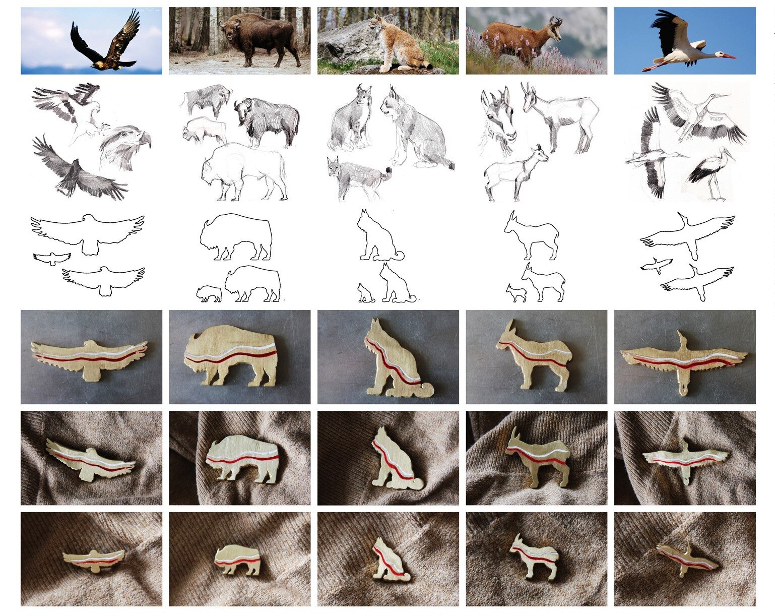 Grafika przedstawia kilka gatunków zwierząt, orła bielika, żubra, rysia, kozicę tatrzańską, bociana. Na samej górze umieszczone są ich zdjęcia. Nieco niżej, wykonane na ich podstawie szkice. Niżej, te same szkice, ale uproszczone do konturu. Najniższe trzy rzędy do kolejne etapy projektu drewnianych przypinek w kształcie ww. zwierząt. Każda z nich ma wkomponowaną w siebie biało-czerwoną flagę.Nela Maniewska, autorka projektu “Natura”, tak mówi o swoich pracach: Polską przyrodę powinniśmy traktować jak nasze dobro narodowe. Stworzyłam serię cegiełek – magnesów, broszek i przypinek, które mogłyby być sprzedawane przez organizacje ochrony przyrody, a zysk przeznaczony byłby na ochronę rzadkich polskich gatunków zwierząt.