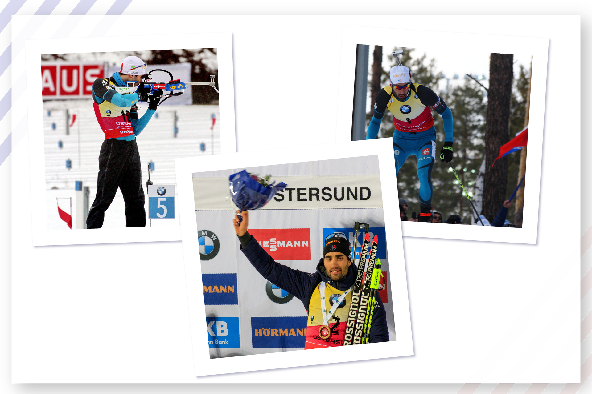 Ilustracja przedstawia kolaż trzech zdjęć. Na pierwszym mężczyzna biorący udział w zawodach strzeleckich. Na drugim mężczyzna stojący z nartami w ręku i kwiatami w uniesionej drugiej ręce. Na trzecim zdjęciu mężczyzna na ratach biegowych.