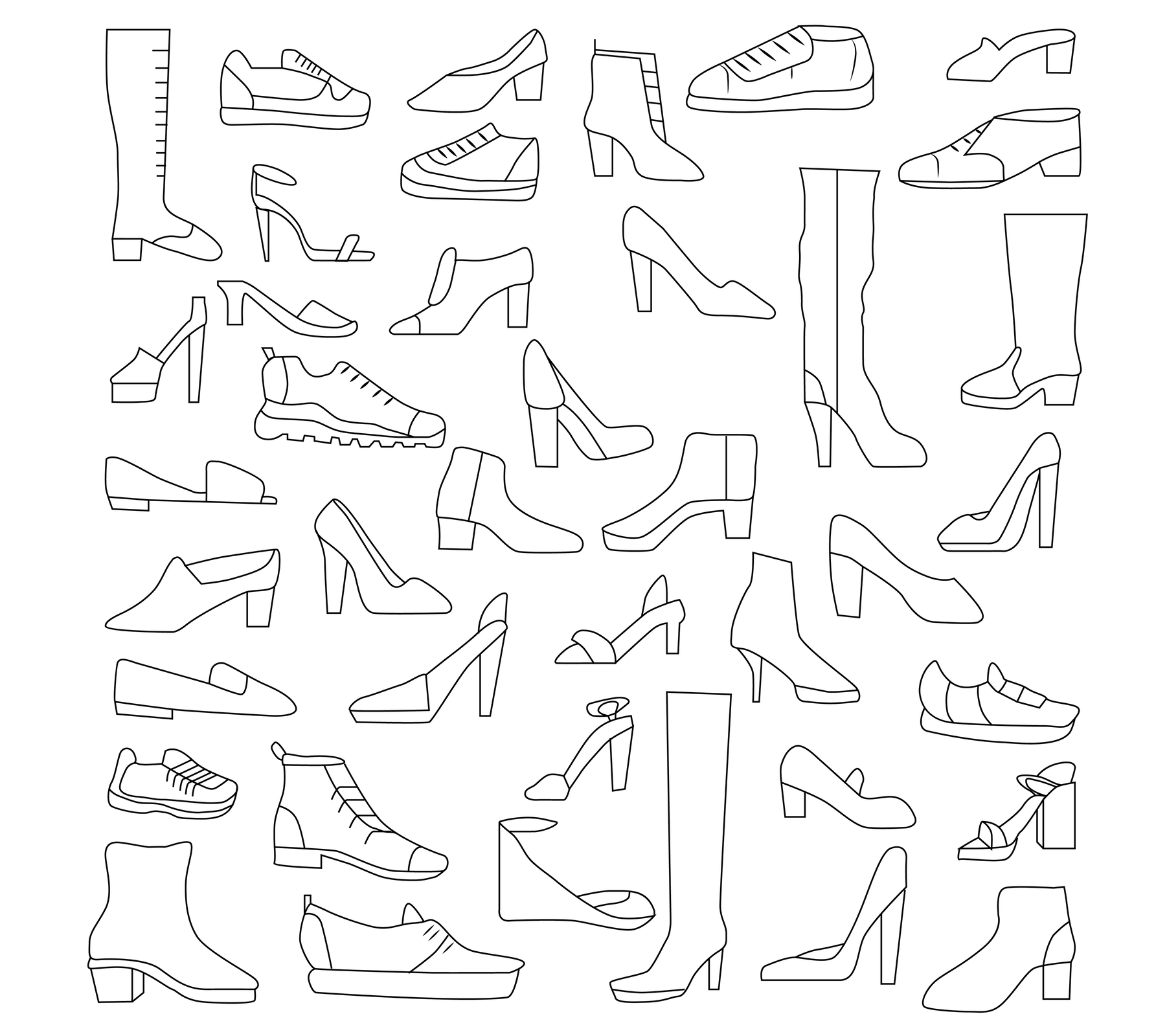 Grafika przedstawia schematyczne rysunki kilkudziesięciu butów różnego rodzaju: na szpilce, sportowych, sandałów, zimowych.