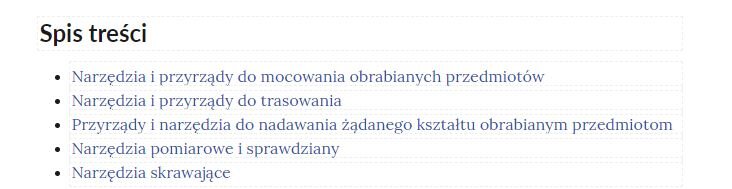 Widok zakładek atlasu w formie spisu treści, gdzie nazwy kolejnych elementów są uporządkowane jedna pod drugą.