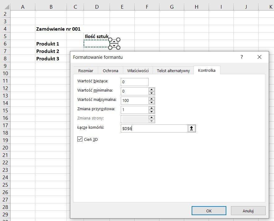Ilustracja przedstawia arkusz. W komórkach po lewej stronie arkusza napisano: Zamówienie nr 001, Produkt 1, Produkt 2, Produkt 3. Nieco dalej Ilość sztuk. Na tle arkusza jest okno o nazwie: Formatowanie formatu. W polu wartość bieżąca wpisano 0, wartość minimalna 0, wartość maksymalna 100, zmiana przyrostowa 1, łącze komórki: $D$6, zaznaczono Cień 3D. Zastosowano przycisk OK.  