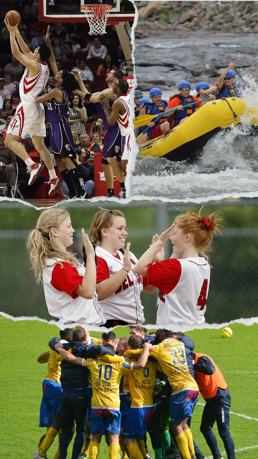 Zdjęcie ukazuje kolaż czterech fotografii. Ukazują sportowe momenty: mecz koszykarzy, mężczyzna w pontonie na rwącej rzece, trzy dziewczyny w sportowych koszulkach przybijające sobie piątkę, drużynę piłkarzy tworzących okręg - trzymają ręce na ramionach kolegi stojącego obok.  