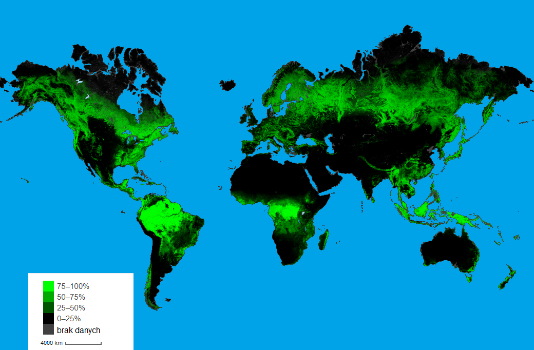 Mapa świata przedstawia udział lasów i terenów zadrzewionych. Wartości od 75 do 100% występują w Brazylii, środkowej Afryce oraz Indonezji. Wartości od 25 do 75 % występują w w północnej, zachodniej i wschodniej Ameryce Północnej, wschodniej Ameryce Południowej, środkowej Afryce, Europie, środkowej i południowo wschodniej Azji, wschodniej Australii. Wartości poniżej 25% występują w północnej i środkowej Ameryce Północnej, południowo wschodniej Ameryce Południowej, północnej i południowej Afryce, na Półwyspie Arabskim, w południowej i północnej Azji oraz w Australii.
