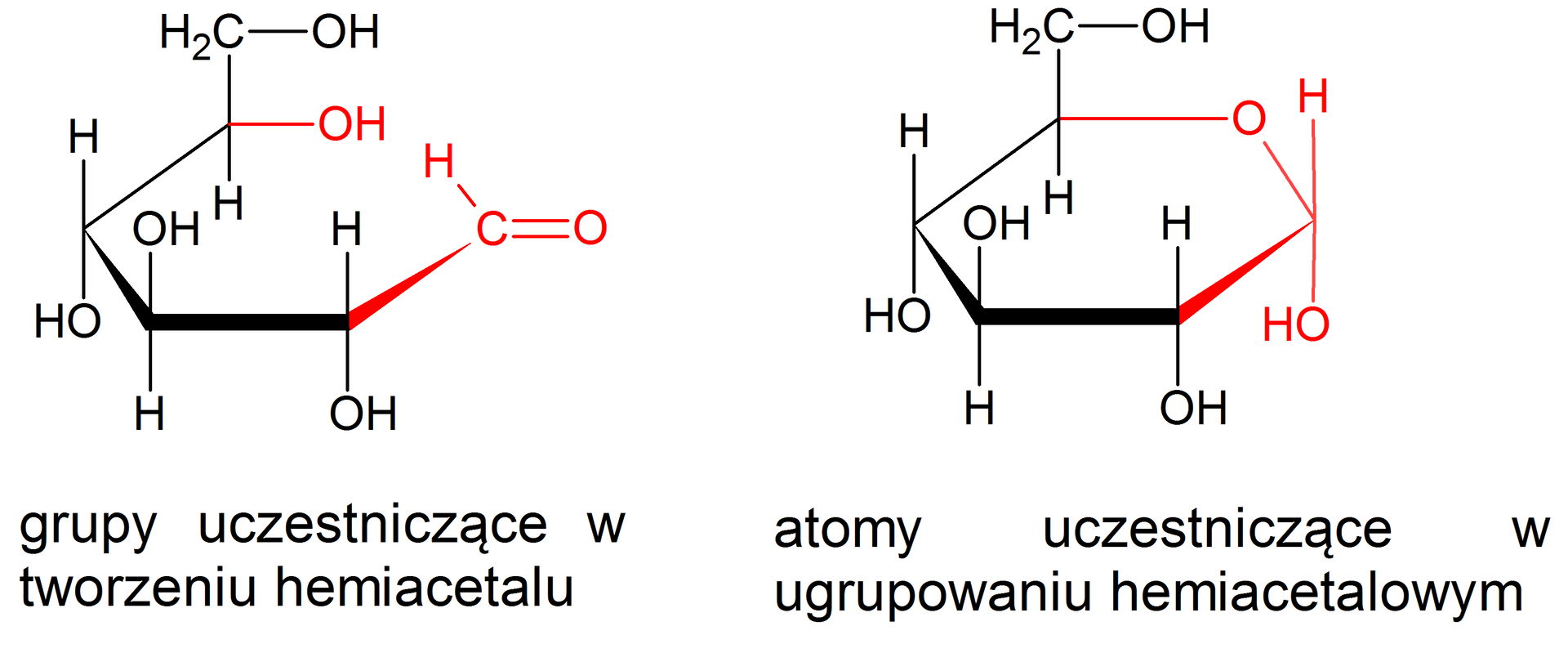 Ilustracja przedstawia wzory glukozy w formie pierścieniowej i łańcuchowej, przy czym forma łańcuchowa znajduje się w konformacji, umożliwiającej powstanie ugrupowania hemiacetalowego. Po lewej stronie forma łańcuchowa, opisana zgodnie z ruchem wskazówek zegara. Grupa aldehydowa, w której atom węgla łączy się z atomem wodoru wiązaniem pojedynczym oraz z atomem tlenu za pomocą wiązania podwójnego, jest zaznaczona na czerwono. Odchodzi od niej wiązanie w płaszczyźnie łączące ją z atomem węgla C 2, który wiąże się z atomem C 3, C 3 z C 4, który to związany jest z atomem węgla C pięć. Od atomów C 2 oraz C 4 grupy hydroksylowe odchodzą za płaszczyznę, zaś atomy wodoru przed. Z kolei od atomu C 3 grupa hydroksylowa znajduje się przed płaszczyzną, a atom wodoru za. Węgiel C 5 łączy się z odchodzącą przed płaszczyznę grupą CH2OH, atomem wodoru znajdującym się za płaszczyzną oraz zaznaczoną na czerwono grupą hydroksylową w płaszczyźnie, która to skierowana jest do grupy aldehydowej wspomnianej na początku. Zatem obie grupy biorą udział w tworzeniu hemiacetalu. Po prawej stronie znajduje się cząsteczka w formie cyklicznej, tutaj jest to struktura alfa‑D-glukopiranozy zbudowana z sześcioczłonowego pierścienia składającego się z pięciu atomów węgla oraz z jednego atomu tlenu. Numeracja atomów węgla jest zgodna z ruchem wskazówek zegara. Przy atomach węgla C 1, C 2 oraz C 4 znajdują się grupy hydroksylowe OH wychodzące za płaszczyznę, zaś atomy wodoru przed. Przy węglu C 3 grupa hydroksylowa wychodzi przed płaszczyznę, zaś atom wodoru za. Węgiel C 5 podstawiony jest grupą CH2OH wychodzącą przed płaszczyznę oraz atomem wodoru znajdującym się za płaszczyzną. Na czerwono zaznaczono atomy uczestniczące w ugrupowaniu hemiacetalowym, to znaczy atom tlenu budujący pierścień wraz z odchodzącymi od niego wiązaniami oraz atom C 1 wraz z podstawnikami, to jest grupą OH i atomem wodoru, a także odchodzącymi od niego wiązaniami. 