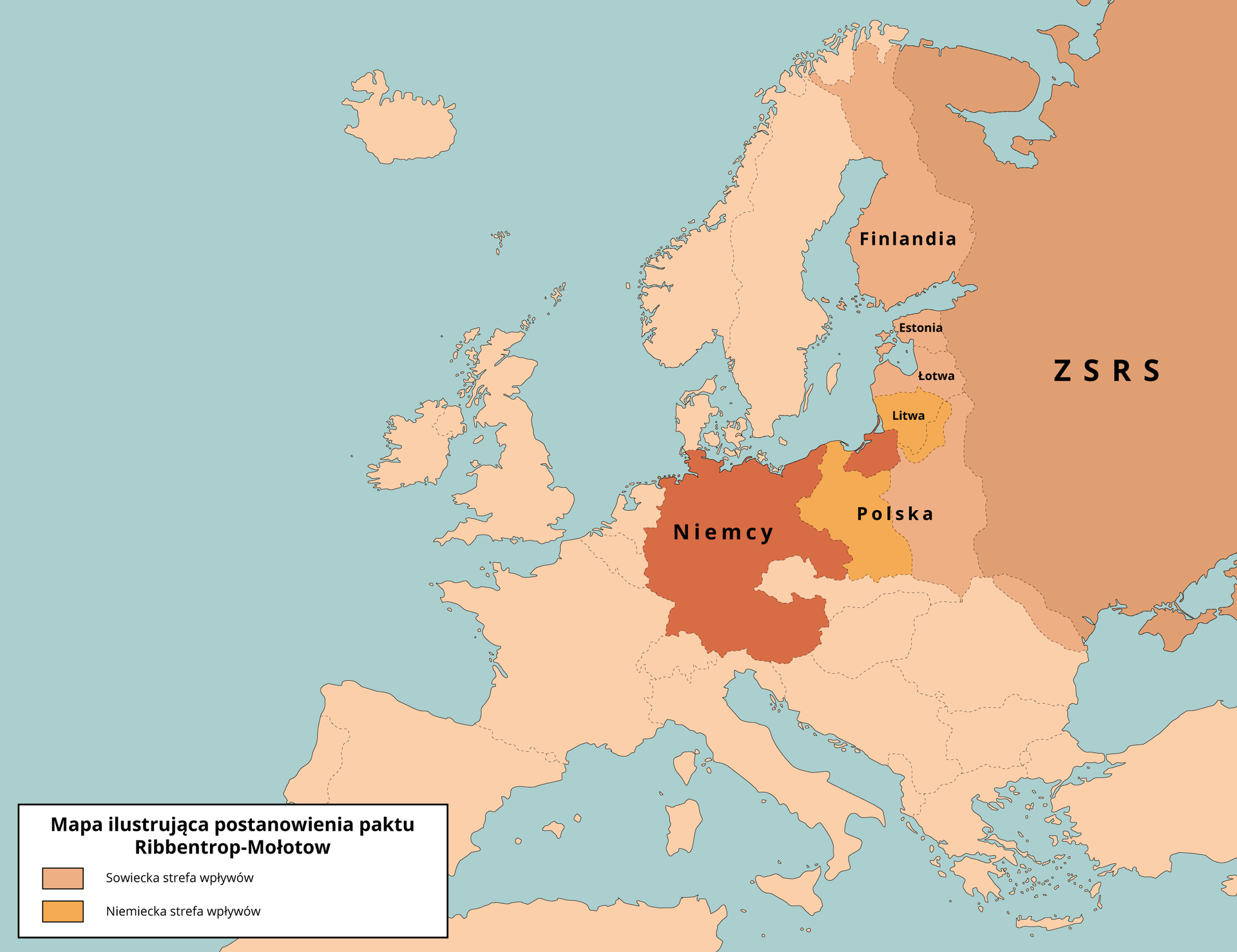 Mapa Europy. Mapa ilustruje postanowienia paktu Ribbentrop-Mołotow. Sowiecka strefa wpływów obejmuje wschodnią część Polski, Łotwę, Estonię i Finlandię. Niemiecka strefa wpływów obejmuje zachodnią część Polski oraz Litwę.
