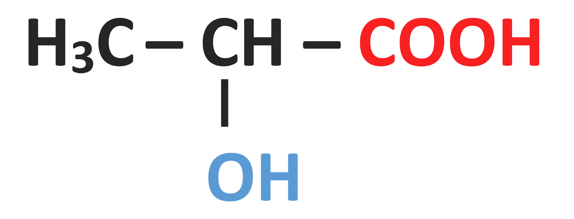 Na ilustracji jest wzór kwasu 2‑hydroksypropanowego: grupa metylenowa łączy się wiązaniem pojedynczym z grupą CH, która łączy się wiązaniem pojedynczym w dół z grupą OH, a w prawo z grupą COOH.