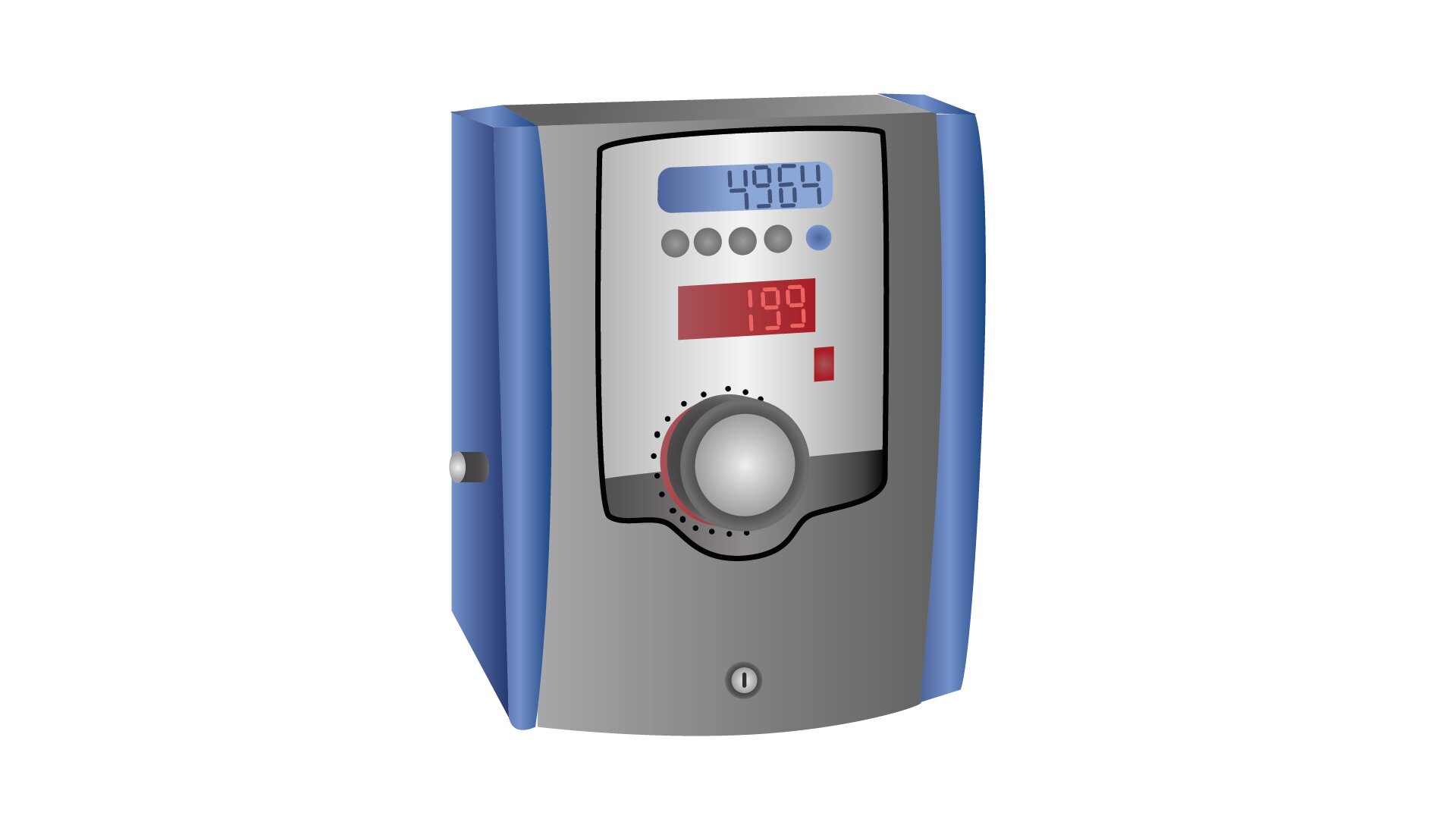 Grafika przedstawia urządzenie dozujące wodę. Widoczny jest prostopadłościenny zbiornik z panelem sterującym na froncie, na którym widoczny jest wyświetlacz temperatury oraz duże pokrętło.