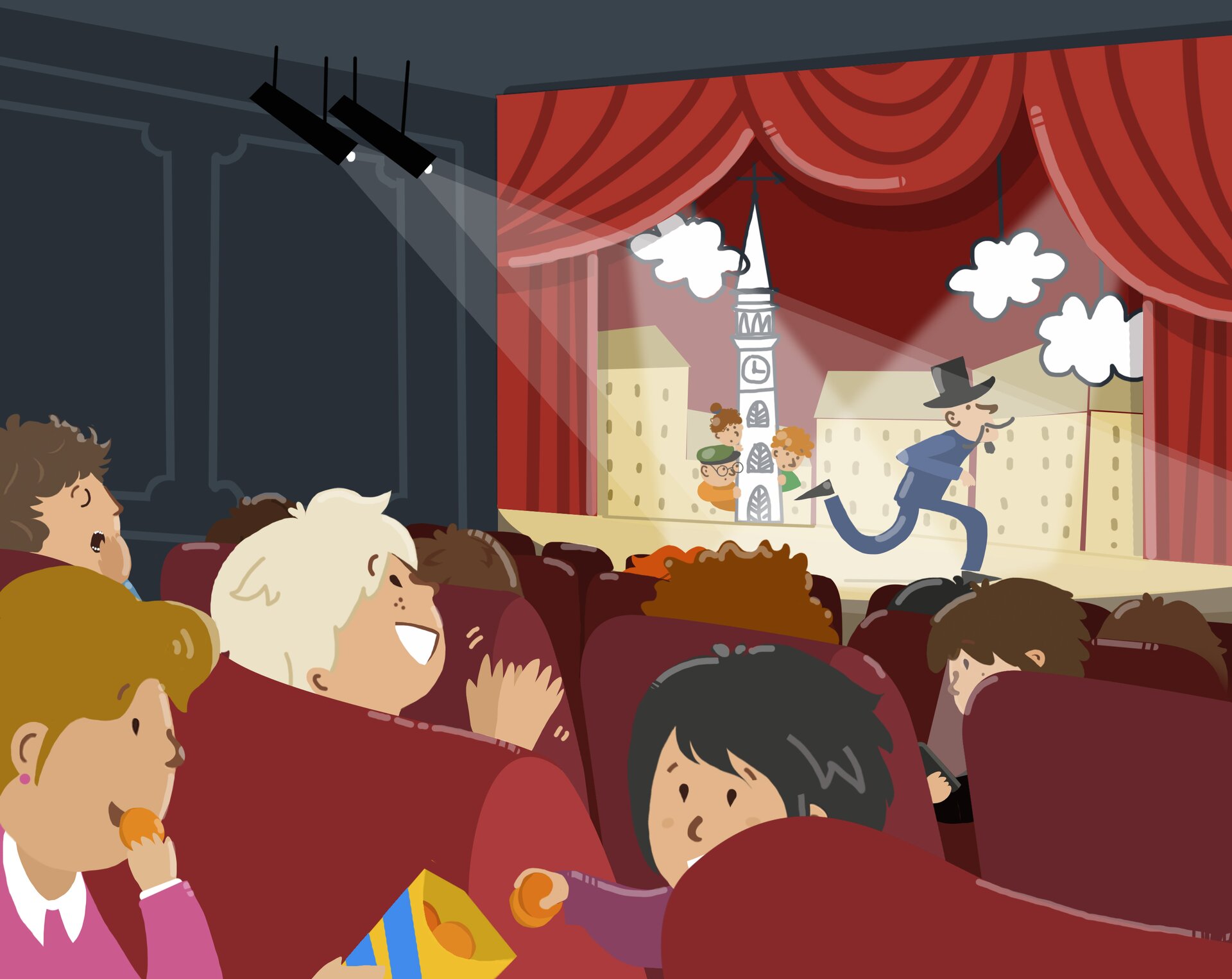 Ilustracja ukazuje wnętrze teatru. Na scenie widoczna jest dynamiczna akcja, w której szczupły mężczyzna w kapeluszu ucieka. W głębi, za dekoracjami, schowani są inni aktorzy, gotowi do swoich ról. Na widowni siedzą dzieci, z których jeden chłopiec wyraża swoje zadowolenie, bijąc brawo, podczas gdy dziewczynka rozdaje innym widzom ciastka. Dodatkowo, nad sceną widnieje kurtyna, która dodaje uroku całemu przedstawieniu.