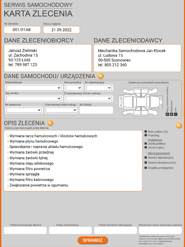 Przykładowy widok jednej z kart