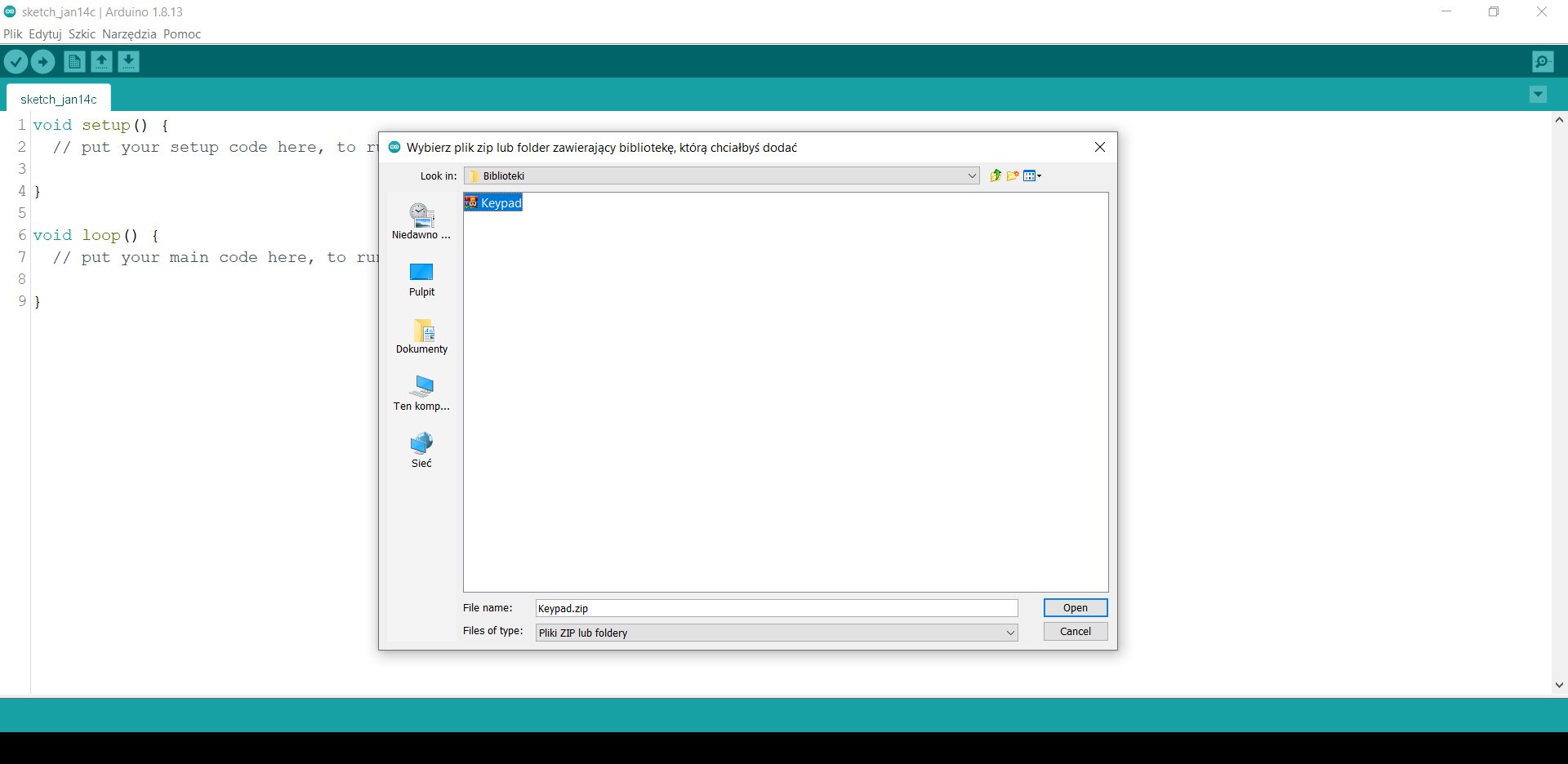 Zdjęcie ekranu przedstawia arduino IDE, otwarte jest okno "Wybierz plik zip lub folder zawierający bibliotekę, którą chciałbyś dodać". Zaznaczony wewnątrz jest plik o nazwie "Keypad".