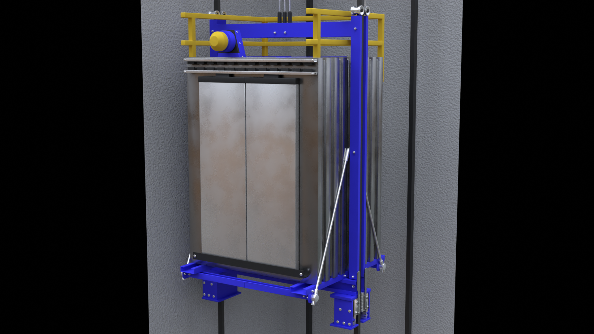 Grafika przedstawia kabinę dźwigu. Kabina ma kształt prostopadłościanu, dźwig porusza się po prowadnicach, od góry przyłączone są trzy stalowe linki.