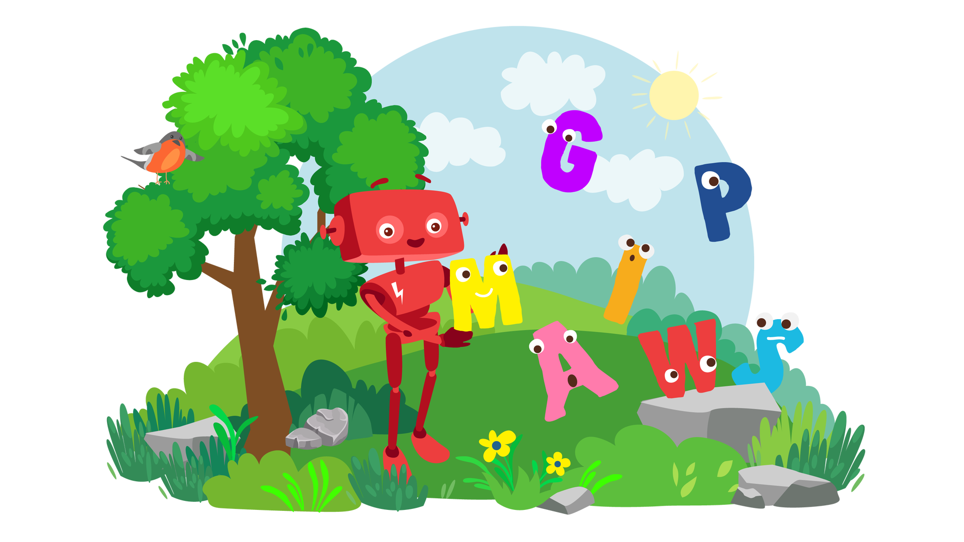 Ilustracja przedstawia pagórkowaty teren porośnięty zielenią. W tle widać błękitne niebo ze słońcem i jasnymi chmurami. Gdzieniegdzie leżą pojedyncze szare kamienie. Na pierwszym planie rosną dwa żółte kwiatki. Po lewej stronie znajduje się duże drzewo liściaste, na którym siedzi gil. Jest to ptak o szarym upierzeniu na głowie, grzbiecie, skrzydłach i ogonie oraz pomarańczowym upierzeniu na brzuchu. Obok drzewa stoi uśmiechnięty Zgrzytek. Jest to czerwony robot o prostokątnej głowie z krótkimi antenkami zamiast uszu, dwiema rękami i dwiema nogami. Na przedniej części jego tułowia widnieje biały znaczek w postaci błyskawicy. Zgrzytek trzyma w rękach żółtą literę M z oczami i uśmiechem. Na prawo od Zgrzytka, w powietrzu, unoszą się kolejne literki: różowe A z oczami i zdzwioną miną, fioletowe G z oczami, pomarańczowe I z oczami i zdzwioną miną, granatowe P z jednym okiem, czerwone W z oczami oraz niebieskie S z oczami i smutną miną.