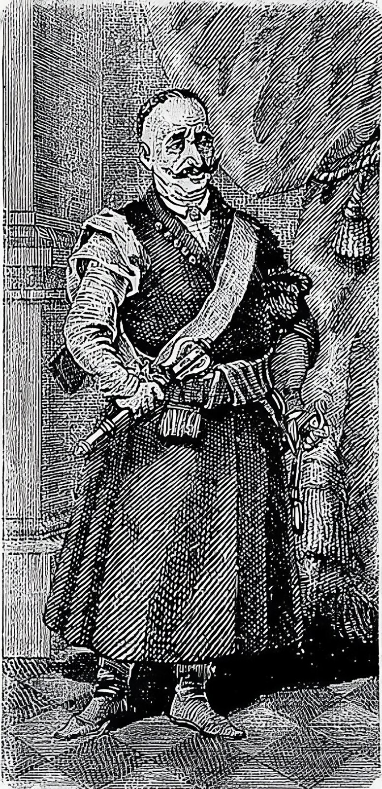 Ilustracja przedstawia portret Mikołaja Potockiego na tle przewiązanej kotary i kamiennej kolumny. Starszy mężczyzna jest podgolony na głowie, ma sumiaste wąsy . Ubrany jest w szlachecki kontusz przepasany pasem i orderową szarfą. W prawej dłoni trzyma buławę. 