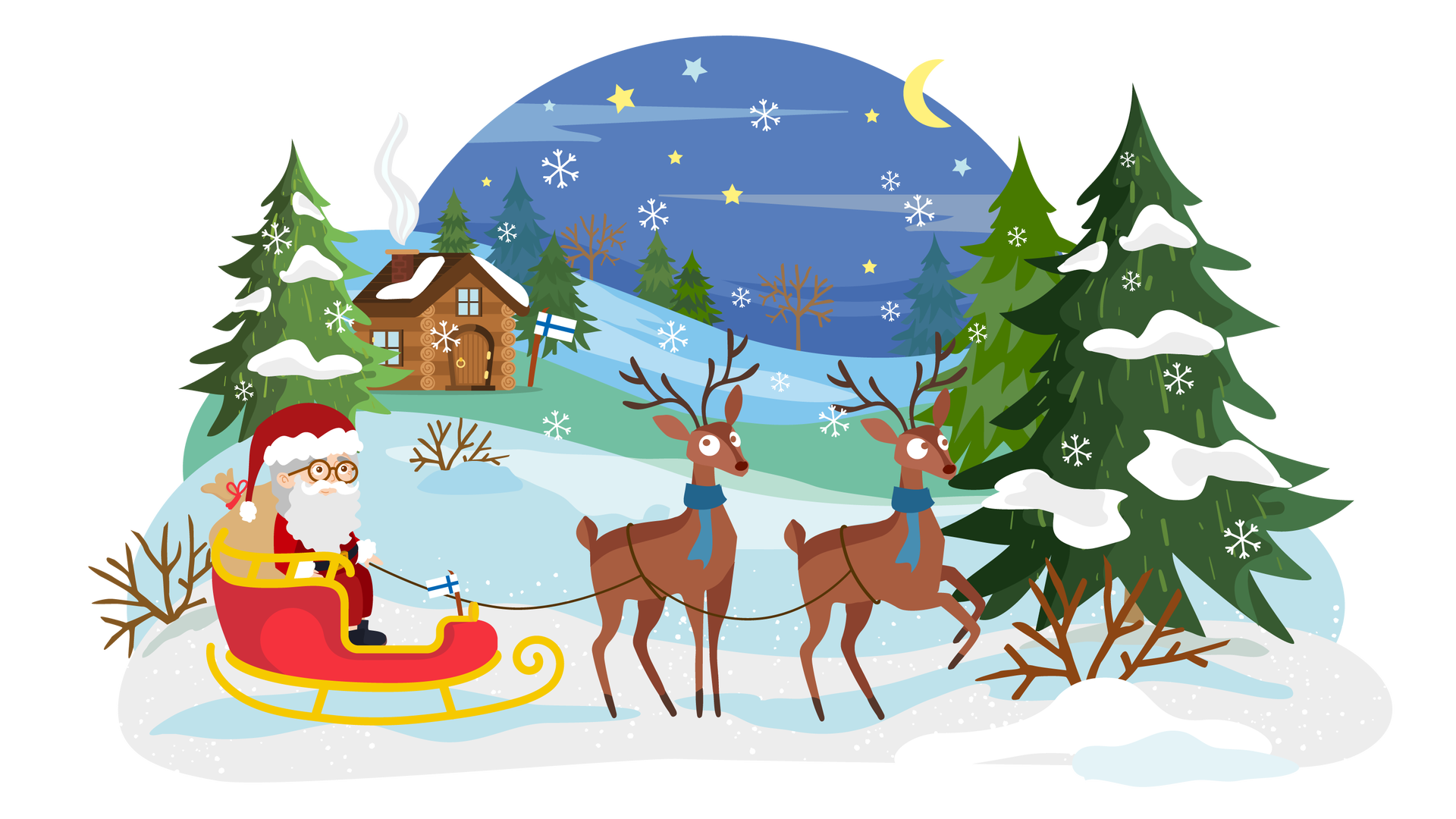 Ilustracja przedstawia zimowy krajobraz. W tle widać rozgwieżdżone nocne niebo. Z nieba pada śnieg. Dookoła rozciąga się ośnieżony teren, na którym rośnie kilka drzew iglastych i krzewów pozbawionych liści. Po lewej stronie stoi drewniana chatka. Z jej komina leci dym. Obok chatki, po jej prawej stronie, stoi flaga Finlandii. Jest to niebieski krzyż na białym tle. Na pierwszym planie stoją czerwono‑złote sanie, w których siedzi święty Mikołaj. Jest to mężczyzna o siwych włosach, siwych wąsach i długiej siwej brodzie, ubrany w czerwony strój obszyty białym futerkiem, z czarnym paskiem i czarnymi butami. Święty Mikołaj ma na nosie okulary w okrągłych oprawkach. Za nim leży w saniach jasnobrązowy worek z prezentami. Z przodu sań jest zatknięta mała flaga Finlandii. Po prawej stronie stoją dwa renifery. Zwierzęta mają długie poroża, czyli rozgałęzione rogi, i szyje owinięte niebieskimi szalikami. Są przypięte do sań za pomocą długiej uprzęży, czyli specjalnych linek.
