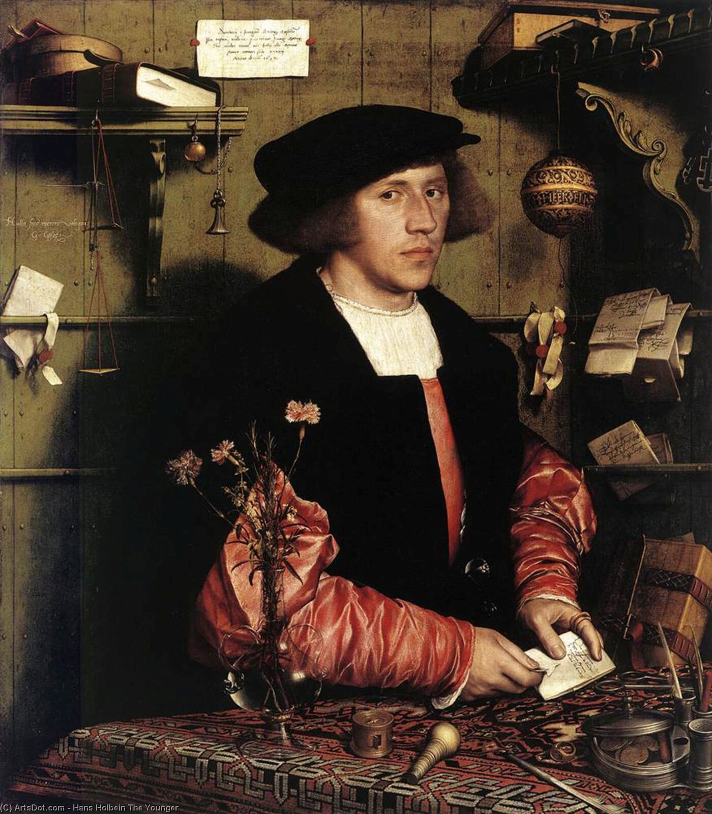 Ilustracja o kształcie pionowego prostokąta  przedstawia obraz Hansa Holbeina Młodszego. „Portret Georga Gisze”. Ukazuje młodego mężczyznę we wnętrzu. Ubrany w kosztowny strój, m.in. czerwoną jedwabną koszulę i kapelusz z czarnego aksamitu; otoczony przedmiotami, w większości umieszczonymi na stojącym przed nim stole, nakrytym wzorzystym obrusem. (nożyczki, pierścień i puszka z monetami). Na stole stoi wazonik z przezroczystego szkła weneckiego, z: goździkami, rozmarynem, hyzopem, krwawnikiem. Gisze skierowany jest w lewą stronę, ale jego wzrok bezpośrednio patrzy na widza. 