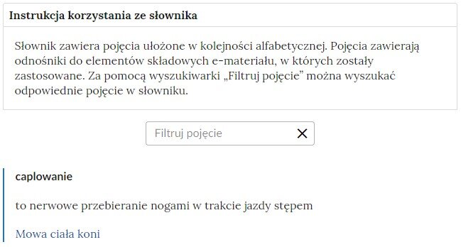 Przykładowa ilustracja ilustrująca fragment słownika z częścią umożliwiającą filtrację pojęć. Na samej górze umieszczona jest instrukcja korzystania ze słownika. Zawarta jest w niej następująca informacja: „Słownik zawiera pojęcia ułożone w kolejności alfabetycznej. Pojęcia zawierają odnośniki do elementów składowych e‑materiału, w których zostały zastosowane. Za pomocą wyszukiwarki „Filtruj pojęcie” można wyszukać odpowiednie pojęcie w słowniku”. Pod instrukcją korzystania ze słownika umieszczone zostało pole w kształcie prostokąta. Wewnątrz znajduje się napis: filtruj pojęcie oraz umieszczony z boku przycisk w kształcie krzyżyka. Na samym dole znajduje się pierwsze pojęcie ze słownika. Dotyczy ono caplowania. 
