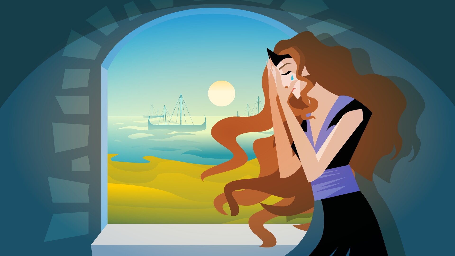 Ilustracja przedstawia płaczącą Dydonę. Kobieta spogląda na morze. Na jej twarzy widoczne są łzy. W tle widać odpływające statki.