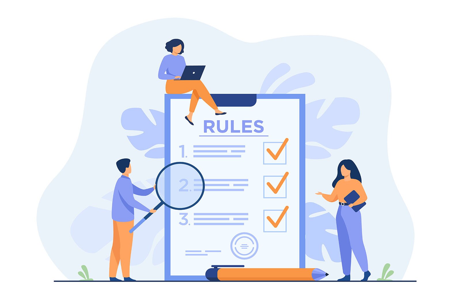 Grafika przedstawia podkładkę z klipsem. Na podkładce jest przypięta kartka z napisem w języku angielskim: RULES, pod którym widoczne są trzy ponumerowane akapity. W każdym z nich widoczne są linijki symbolizujące tekst. Na prawo od nich widoczne są kwadraciki z zaznaczonym pomarańczowym ptaszkiem. Wokół podkładki widoczne są trzy postacie, z których jedna siedzi na szczycie podkładki i trzyma laptopa na kolanach; druga postać stoi po lewej stronie podkładki i trzyma lupę; a trzecia po prawej stronie stoi zwrócona w kierunku podkładki, a u jej stóp leży długopis. Wszystkie postaci są miniaturowe.
