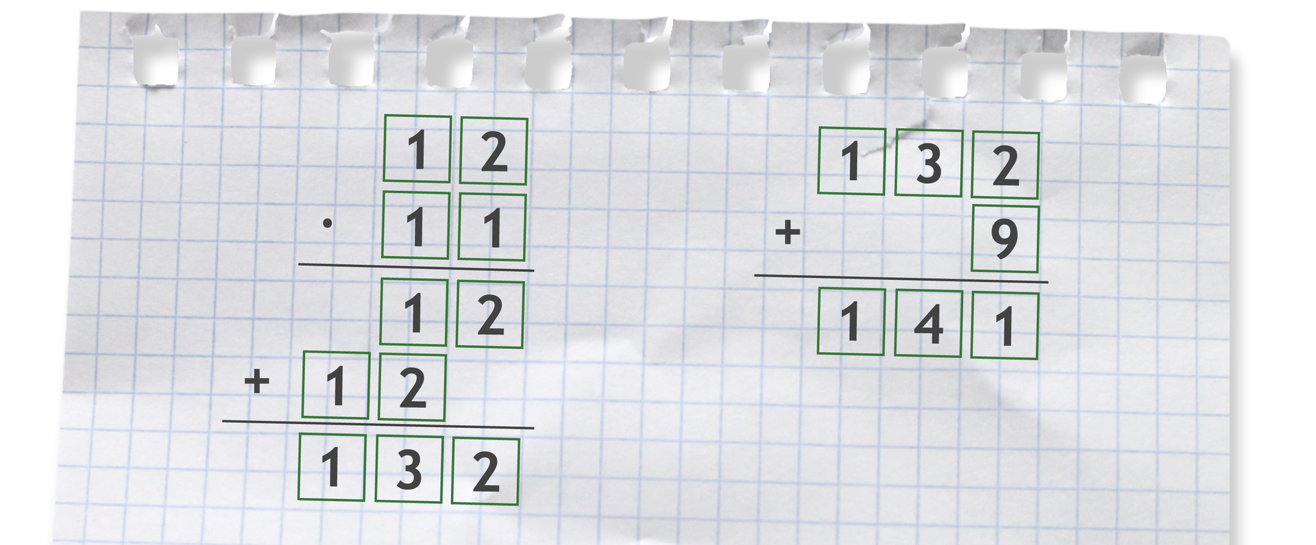 "Przykłady zapisane sposobem pisemnym: 12 razy 11 =132 oraz 132 dodać 9=141