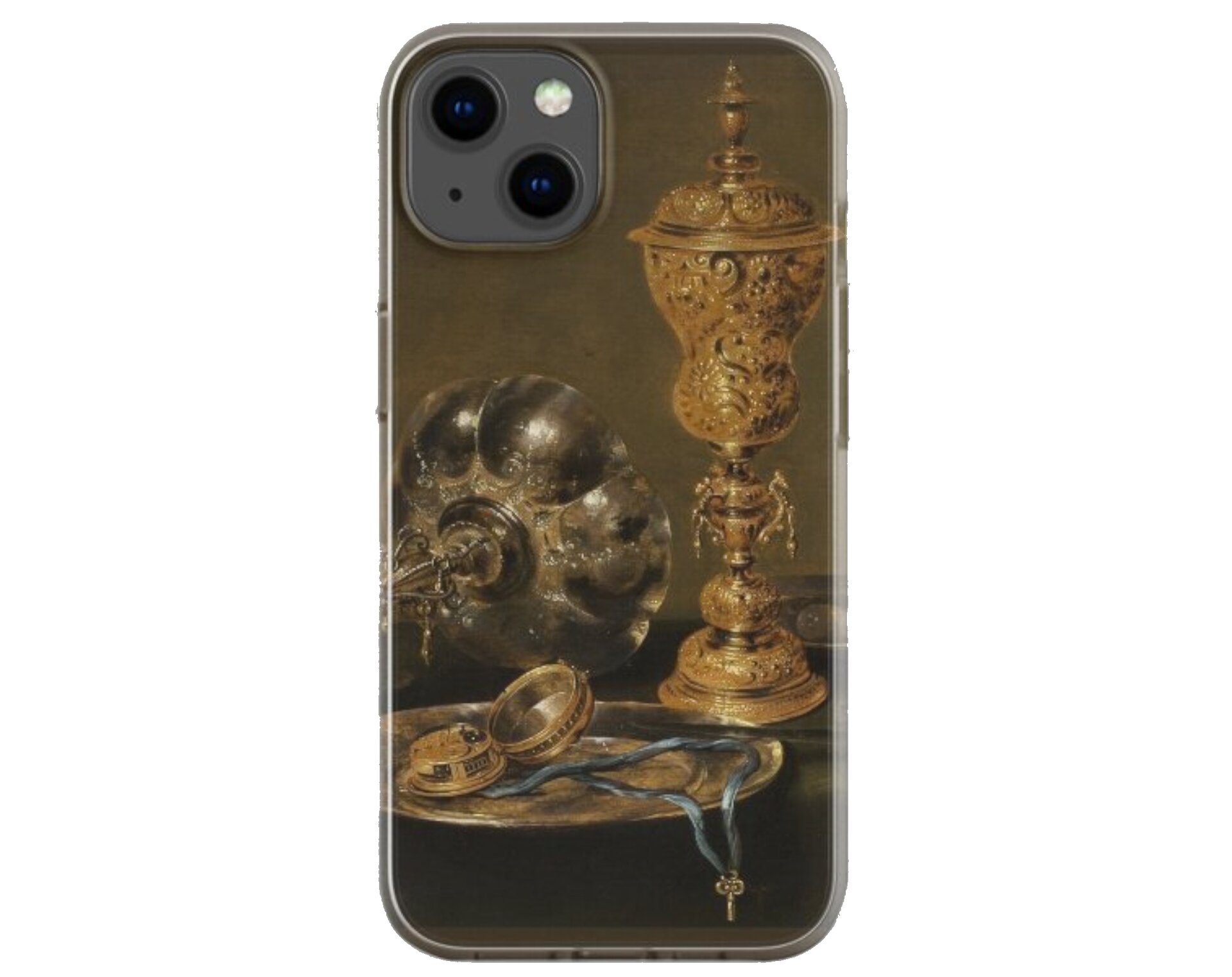 Zdjęcie przedstawia telefon w obudowie z fragmentem dzieła. Obraz przedstawia kuchenne naczynia. Na stole znajduje się ciemnozielony obrus, na którym stoi talerz. Na nim znajduje się błękitny sznurek na którego końcu zawieszony został medalik w kolorze złotym. O krawędź talerza oparty został nóż z białą rękojeścią. Następnie po prawej stronie talerza stoi bogato zdobiony puchar. Jest on wykonany ze złota. Po lewej stronie stołu w pozycji leżącej znalazł się srebrny puchar.