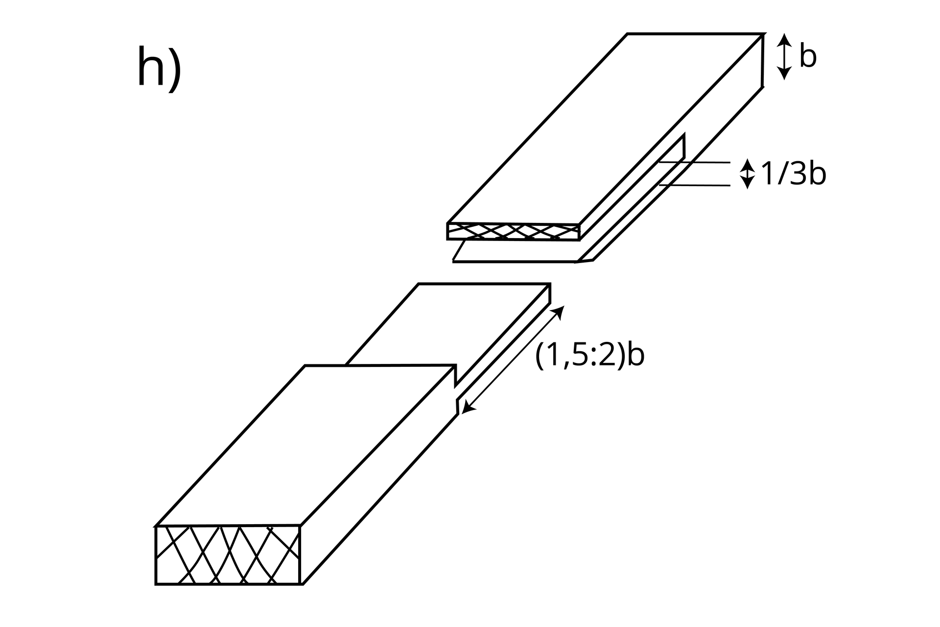 Rysunek złącza stykowego widlicowego ściętego. Jeden element zakończony jest płaskim wypustem o grubości stanowiącej jedną trzecią jego grubości, drugi zaś ma otwór pasujący do wypustu. Dodatkowo krawędzie elementów ścięte są pod kątem.