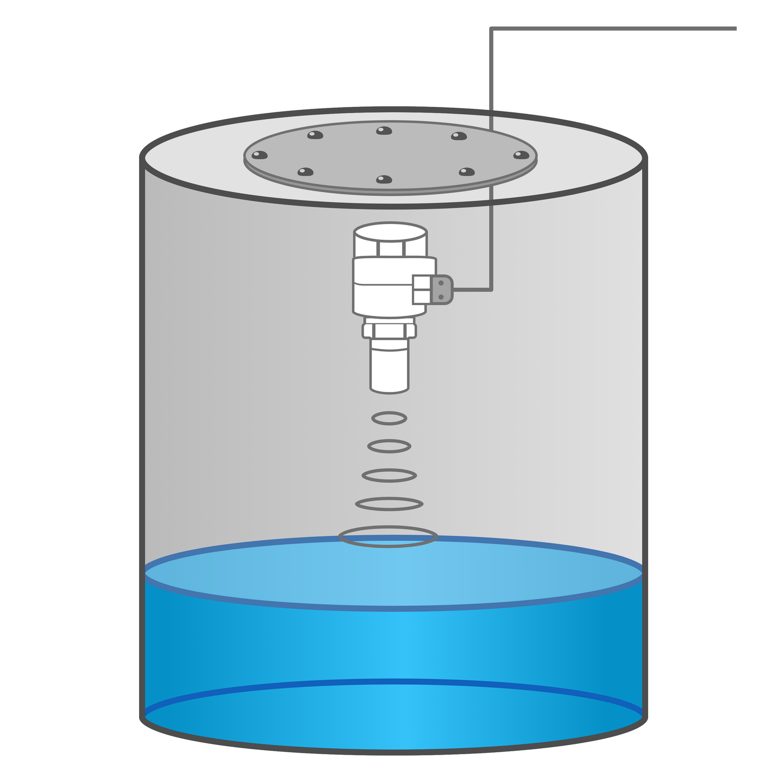 Na zdjęciu przedstawiono pojemnik z zamontowaną sondą ultradźwiękową. Jest to urządzenie do ciągłego, bezkontaktowego pomiaru poziomu cieczy.
Na zdjęciu widoczny jest zbiornik o kształcie cylindrycznym. Zbiornik jest w jednej czwartej wypełniony wodą. Poniżej górnej pokrywy zbiornika, umieszczona jest centrycznie sonda pomiarowa. Poniżej sondy narysowane są okręgi symbolizujące wysyłany sygnał. Do sondy przez pokrywę przechodzi kabel.