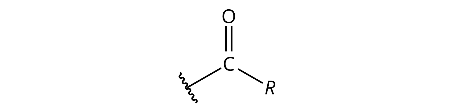 Ilustracja przedstawiająca wzór ogólny grupy acylowej. Atom węgla łączy się wiązaniem podwójnym z atomem tlenu, z prawej strony za pomocą wiązania pojedynczego z grupą R, zaś z lewej, również za pomoc wiązania pojedynczego, z dowolnym podstawnikiem, co symbolizuje falowana linia przecinająca wiązanie odchodzące od atomu węgla pod kątem prostym. 