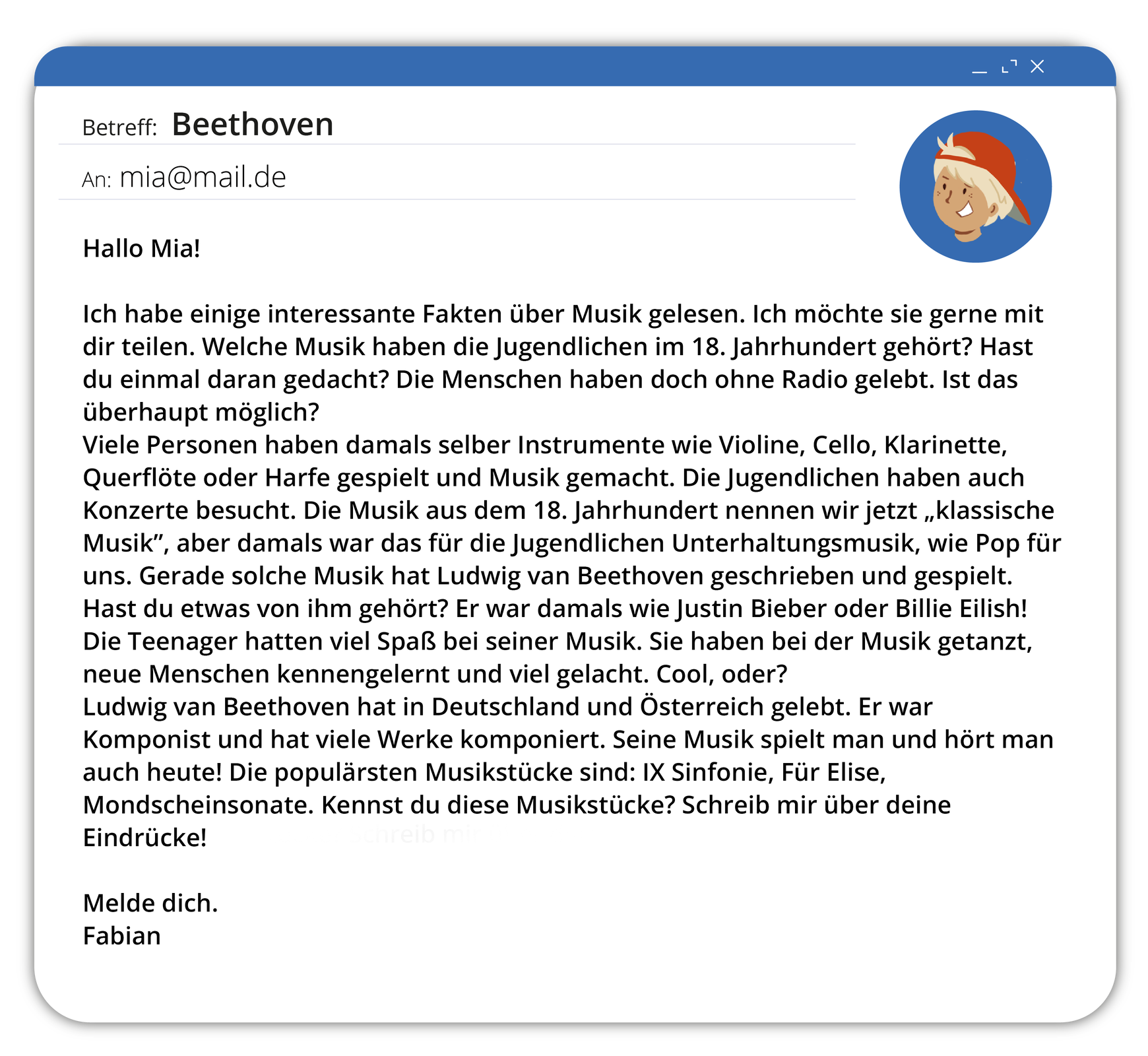 Ilustracja przedstawia wiadomość e‑mail. Tytuł wiadomości to Beethoven. Poniżej transkrypcja wiadomości. 