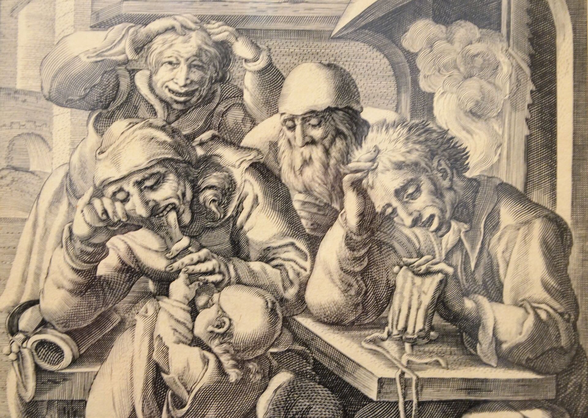 Obraz Gillisa Van Breena pod tytułem „Pijani mężczyźni przy stole” przedstawia czterech mężczyzn. Każdy z nich jest pijany. Siedząc przy jednym stole stroją głupie miny. Jeden udaje małpę, drugi pokazuje język, trzeci trzyma się za głowę. Czwarty z nich spogląda na dziecko stojące przed nimi.