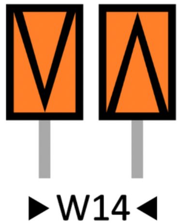 Wskaźnik wu czternaście. Przedstawiono tu dwa znaki. Oba mają kształt pomarańczowej prostokątnej tablicy z czarnym obramowaniem, na każdym ze znaków z jednej strony znajduje się czarne obramowanie trójkąta. Na pierwszym jest on zwrócony wierzchołkiem ku dołowi a na drugim wierzchołkiem ku górze. Jedna z podstaw trójkąta pokrywa się z krótszym bokiem prostokąta a wierzchołek dotyka przeciwległego boku.