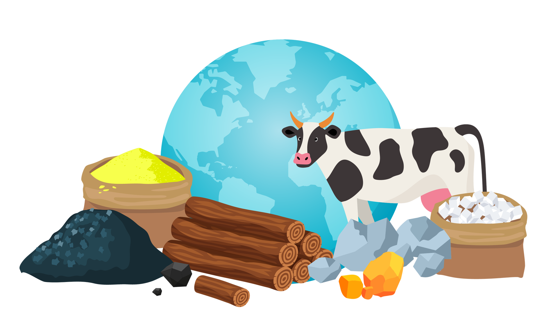 Ilustracja przedstawia błękitną kulę ziemską otoczoną bogactwami naturalnymi. Po lewej stronie leży duża ilość węgla kamiennego. Obok znajduje się worek wypełniony siarką. Na środku jest stos drewna. Obok leżą grudki srebra i złota. Za nimi stoi krowa. Po prawej stronie znajduje się brązowy worek wypełniony solą kamienną.