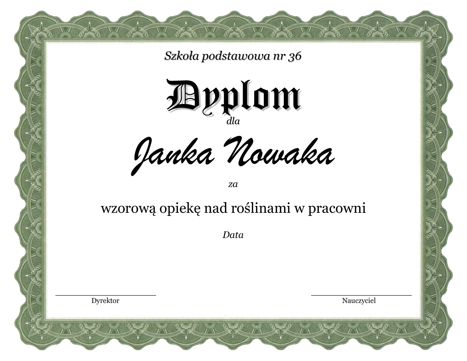 Zrzut przykładowego dyplomu utworzonego na podstawie szablonu. Dyplom posiada elegancką ramkę i uzupełniony tekst: "Szkoła podstawowa nr 3. Dyplom dla Marii Opoka za wzorową opiekę nad roślinami w pracowni." oraz miejsce na datę, podpis dyrektora i nauczyciela. 
