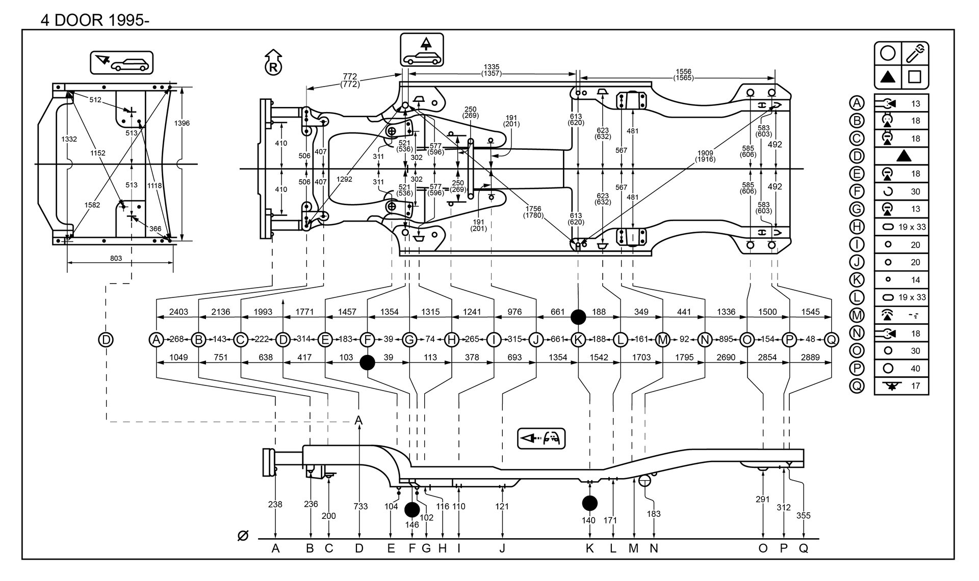 Ilustracja przedstawia kartę pomiarowa punktów kontrolnych jest to karta pomiarowa punktów kontrolnych Audi A4. Na rysunku znajduje się nadwozie pojazdu rozbite na kilka części wraz z ich wymiarami. Jest to rysunek techniczny, na którym linie pomocnicze dokładnie wskazują, które części powinny zostać połączone w późniejszych etapach. W prawym rogu znajduje się tabelka definiująca punkty kontrolne od A do Q. 