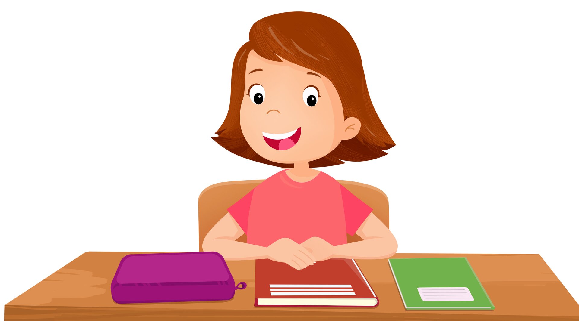 Ilustracja przedstawia dziewczynkę siedzącą przy biurku.