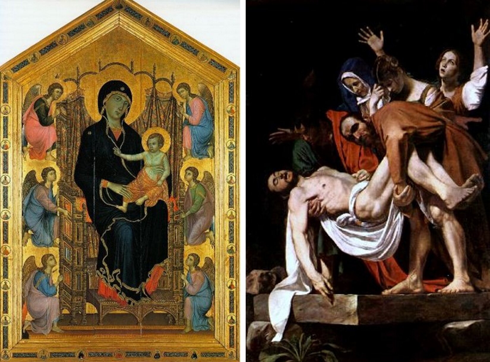 Ilustracja przedstawia kolaż złożony z dwóch zdjęć. Po lewej stronie znajduje Maryja siedzącą na tronie z dzieciątkiem Jezus na kolanach. Maryja została przedstawiona jako kobieta w średnim wieku, ubrana w ciemne szaty zdobione złotymi nićmi, spod której wystaje różowe sukno. Kobieta spogląda z półprofilu, na jej kolanach widoczny jest mały Jezus ubrany w biało‑pomarańczową szatę. Wokół Maryi i Jezusa klęczą aniołowie. Po lewej znajduje się ilustracja przedstawiająca zdjęcie Jezusa z krzyża, mężczyzna przepasany jest białą szatą. Wokół Jezusa znajdują się inne osoby.