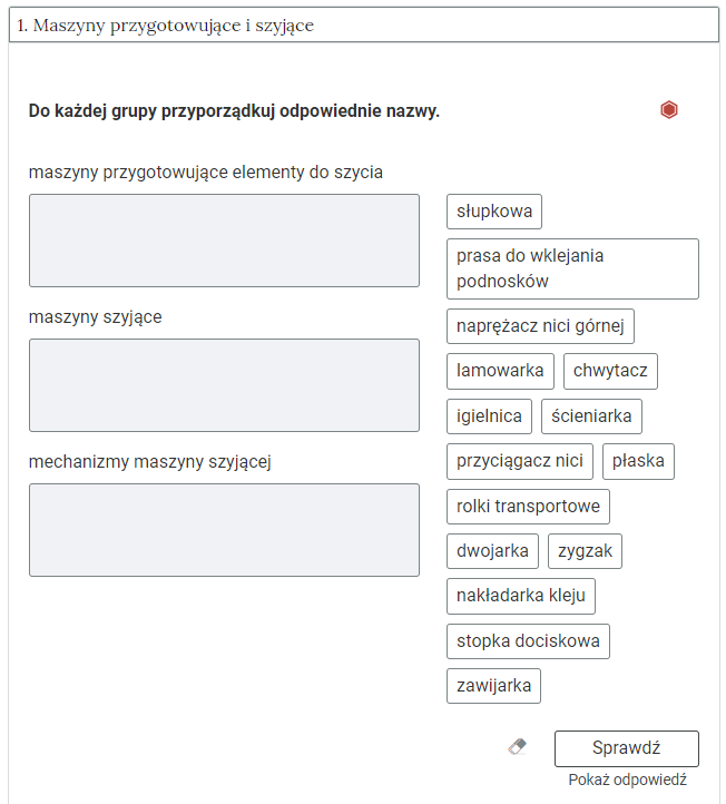 Grafika przedstawia widok na przykładowe ćwiczenie polegające na przyporządkowaniu odpowiedniej nazwy do danej grupy w otwartej zakładce. 