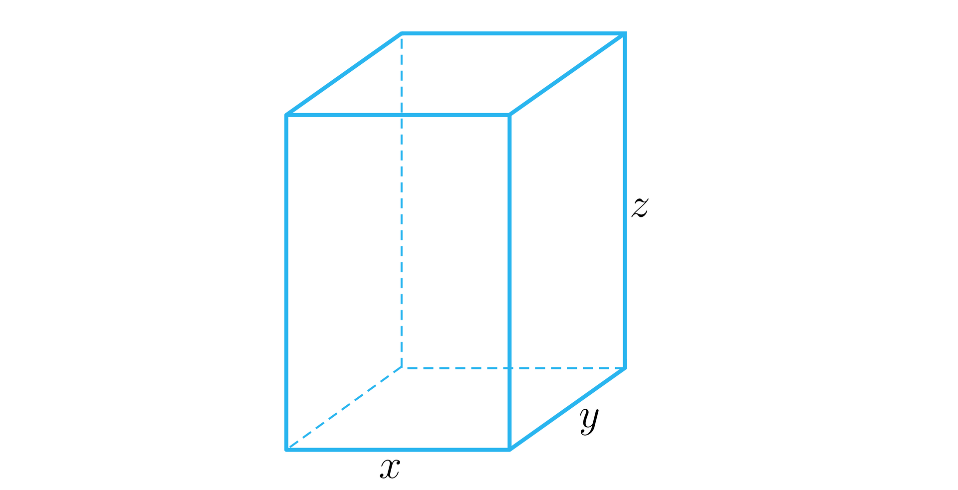 Ilustracja przedstawia prostopadłościan o krawędziach podstawy równych x i y oraz wysokości z. 
