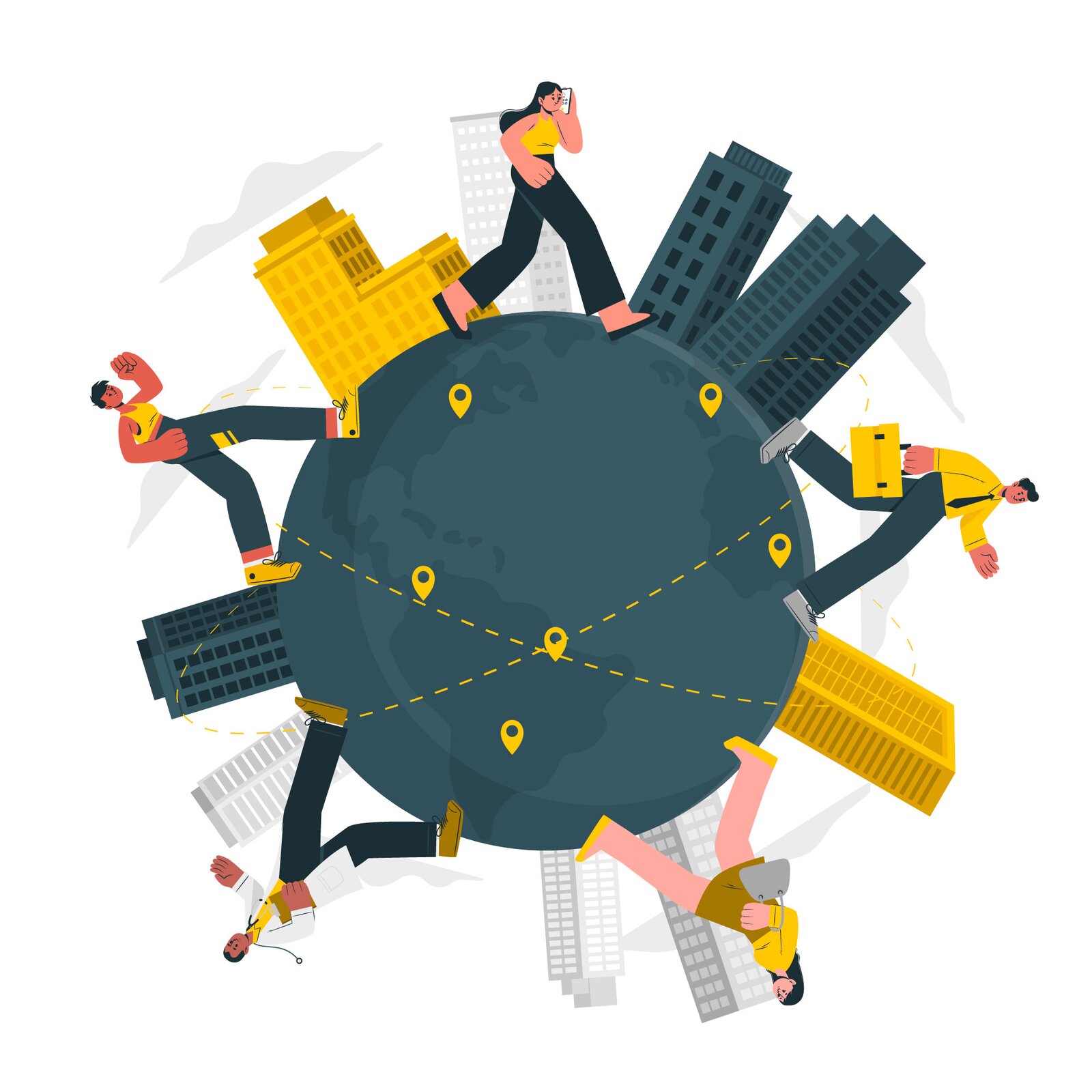 Ilustracja przedstawia kulę ziemską, po której chodzą postacie osób. Widoczne są również wielokondygnacyjne budynki. Transkrypcja znajduje się poniżej.