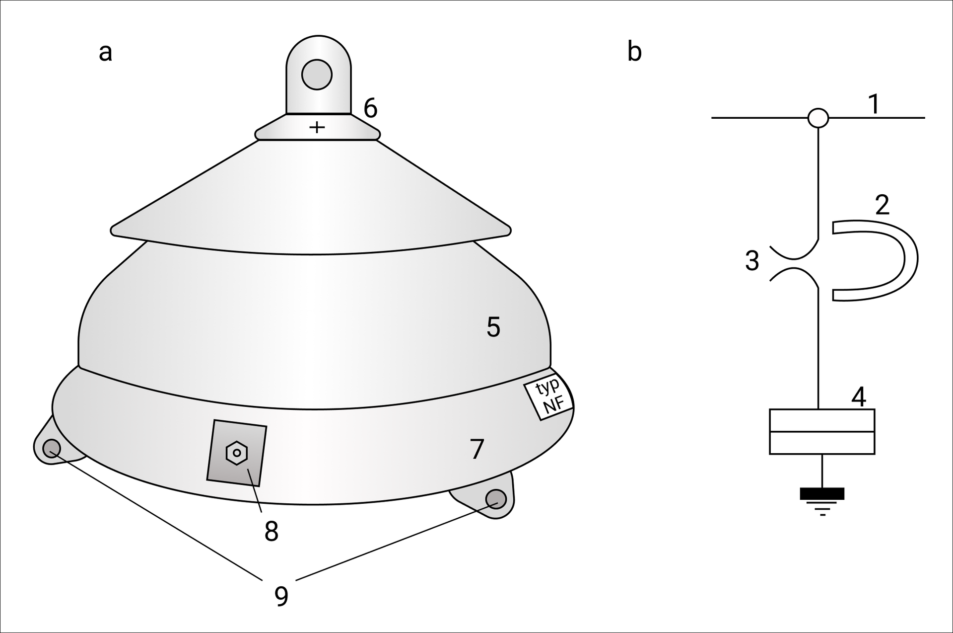 Grafika przedstawia odgromnik zaworowy GZM 3/10 z wydmuchem magnetycznym. Z lewej widać rysunek odgromnika, którego kształt składa się z półkuli ustawionej na pierścieniu, na której znajduje się stożek. Budowa składa się z izolatora porcelanowego, kołpaka metalowego, metalowej podstawy odgromnika, oraz zacisku uziemiającego. Po prawej stronie widać schemat podłączenia odgromnika. Połączenie odgromnika składa się z iskiernika, stosu o zmiennej rezystencji, odbieraka prądu, magnesu.