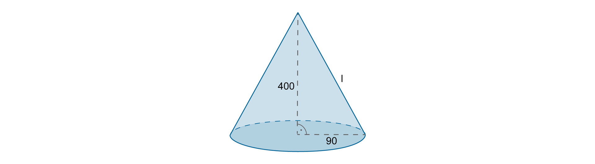 Rysunek stożka z poprowadzoną wysokością równą 400 oraz promieniem podstawy długości 90.