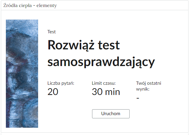 Grafika przedstawia przykładowy ekran początkowy testu. Widoczny jest tytuł testu, liczba pytań, limit czasu, twój ostatni wynik oraz przycisk uruchom.