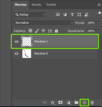 Ilustracja przedstawia okno z trzema zakładkami: Warstwy, Kanały, Ścieżki. Wybrano Warstwy. Zieloną ramką otoczono Warstwa 1, a na dole okna zaznaczono kwadrat ze znakiem plus w środku. 