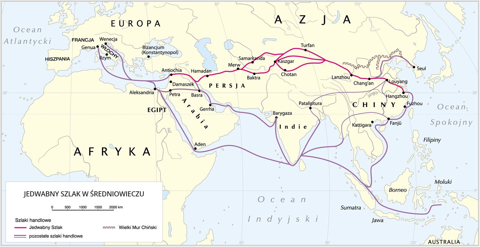 Grafika mapy przedstawiającej Jedwabny Szlak - dawny szlak handlowy łączący Chiny z Europą i Bliskim Wschodem. Trasa liczyła około 12 000 kilometrów. Kolorem różowym oznaczono jedwabny szlak. Fioletową linią oznaczono pozostałe szlaki handlowe. Wyróżniono również na mapie szlak Wielkiego Muru chińskiego.