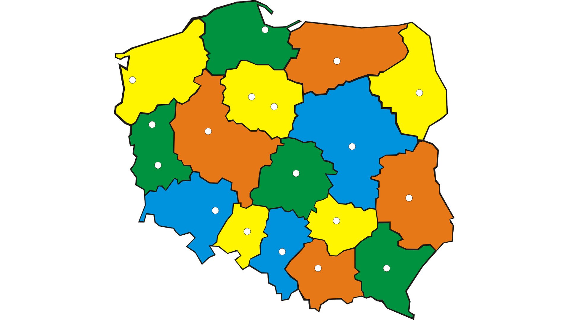 Kliknij żeby powiększyć Na ilustracji znajduje się mapa Polski uwzględniająca podział administracyjny, z wyodrębnieniem obszarów poszczególnych województw.