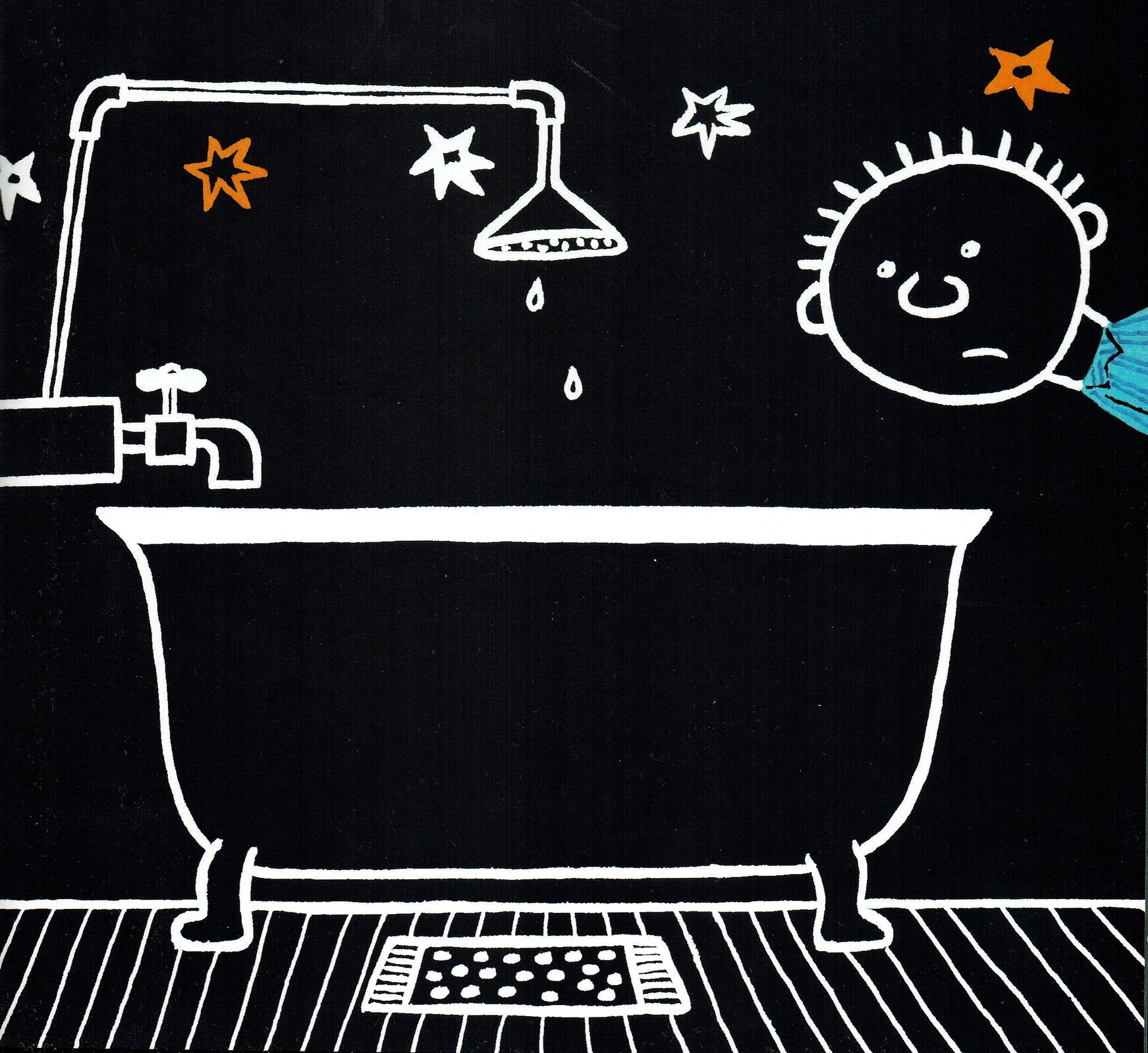 Ilustracja przedstawia pracę Bohdana Butenki z książki "Nocna wyprawa". Ukazuje wannę z prysznicem i głowę chłopca na czarnym tle. Na podłodze leży mały chodniczek w kropki. Nad wanną znajduje się kran, z którego poprowadzony jest prysznic. Z prysznica kapią dwie krople wody. Wynurzająca się z prawej strony okrągła głowa chłopca z wykrzywioną miną skierowana jest w stronę wanny. W górnej części ilustracji zamieszczone zostały białe i żółte gwiazdki.